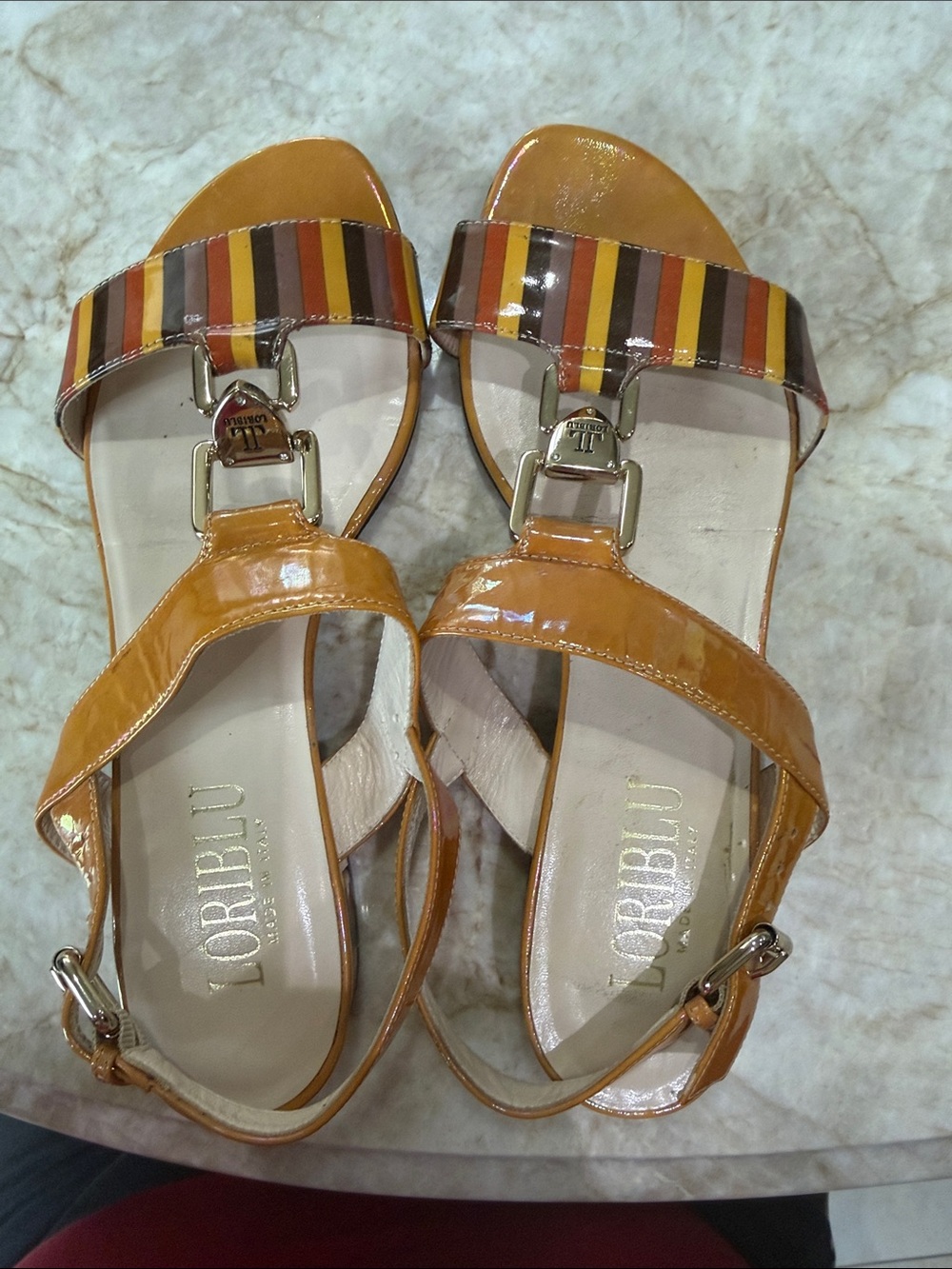 LORIBLU Patent Leather Strappy Sandals in Tan with Multicolor Stripe